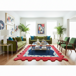 Modern living room with green sofas, colorful rug, and abstract art on white walls.