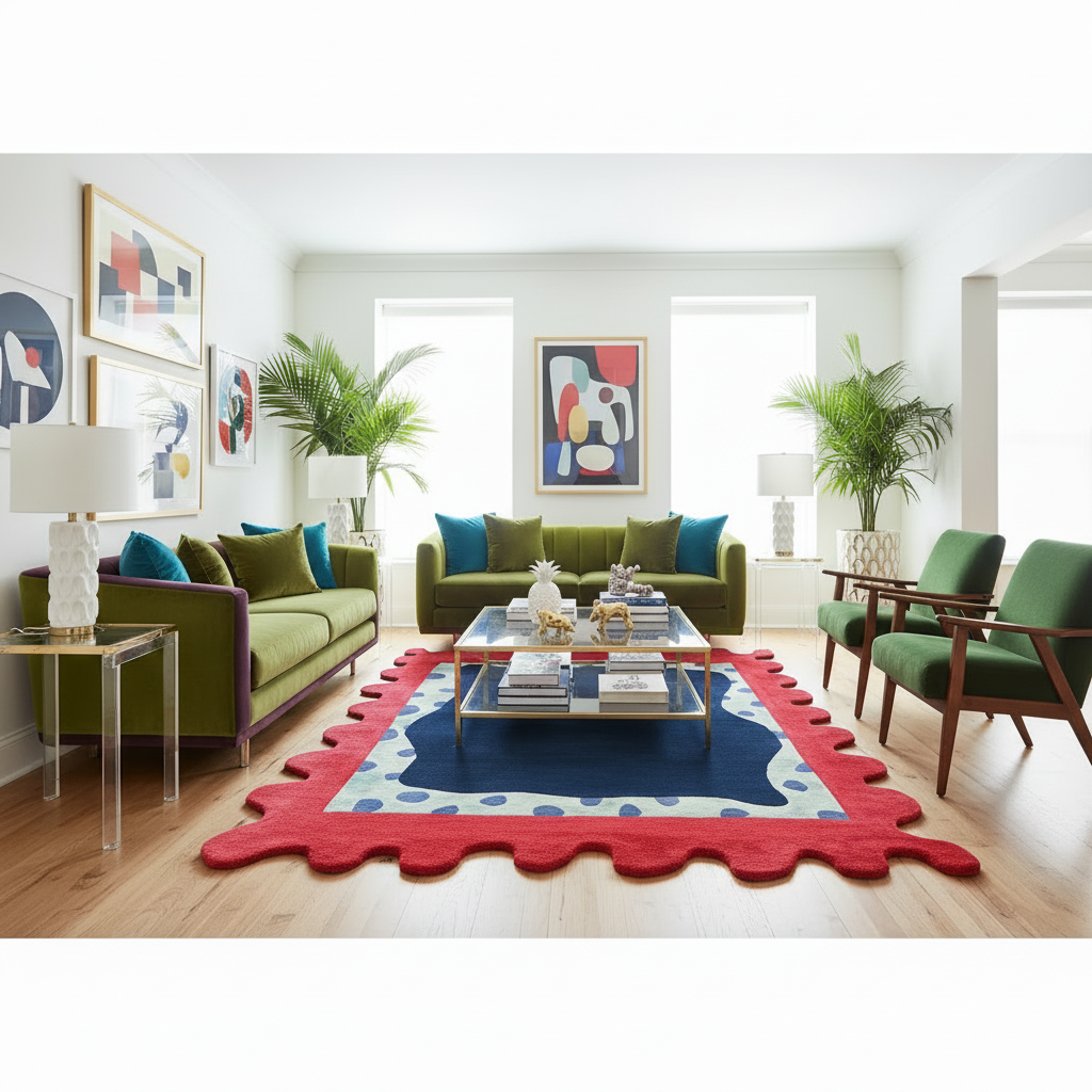 Modern living room with green sofas, colorful rug, and abstract art on white walls.