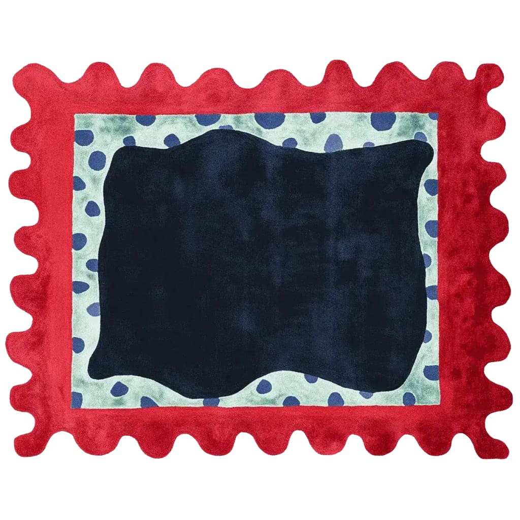 A vibrant area rug with a contemporary design, featuring a bold red wavy border, a central dark blue abstract shape, and a surrounding light green area with blue polka dots. Perfect for adding a modern touch to living rooms, this wool rug combines style and comfort.