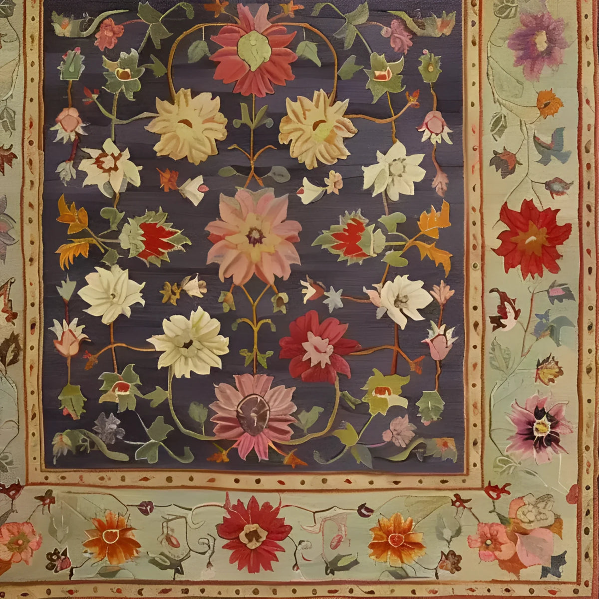 A close-up view of the Crowned Elegance Hand Knotted Area Rug, featuring a vibrant floral pattern with pink, yellow, and red flowers on a deep blue background. The intricate border showcases additional floral motifs, adding to the rug's sophisticated charm.