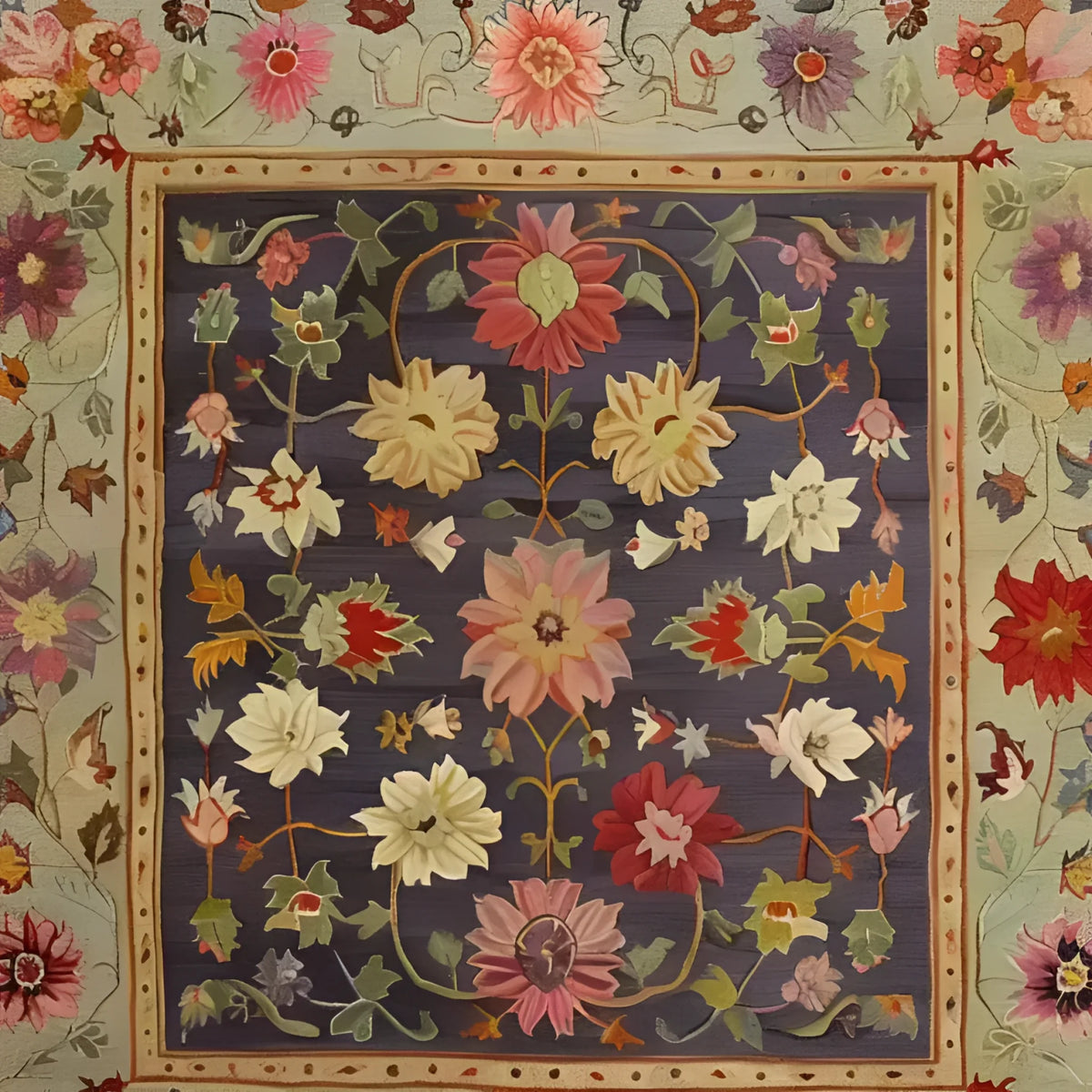 A beautifully detailed hand-knotted area rug showcasing intricate floral patterns in vibrant colors. The central design features large blooming flowers in shades of pink, red, and cream on a rich blue background, surrounded by a complementary floral border. This elegant area rug adds a touch of sophistication and warmth to any room.