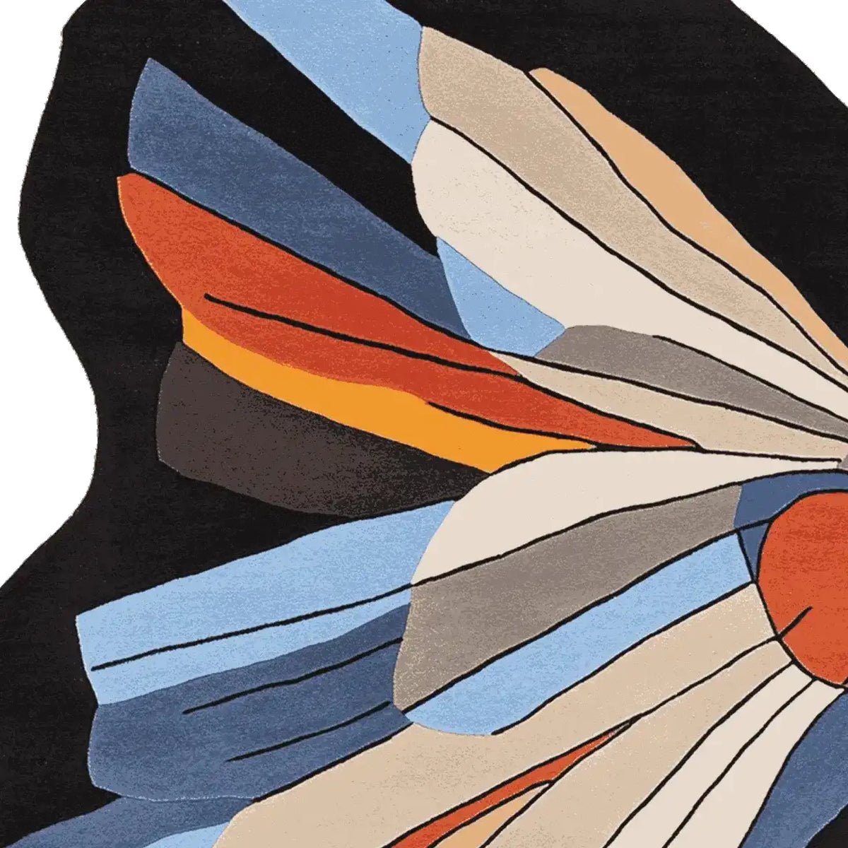 A vibrant and contemporary area rug with an abstract design in bold colors including blue, orange, and beige, perfect for enhancing any living room. This hand-tufted wool rug, in an 8x10 size, adds a modern touch to your decor.