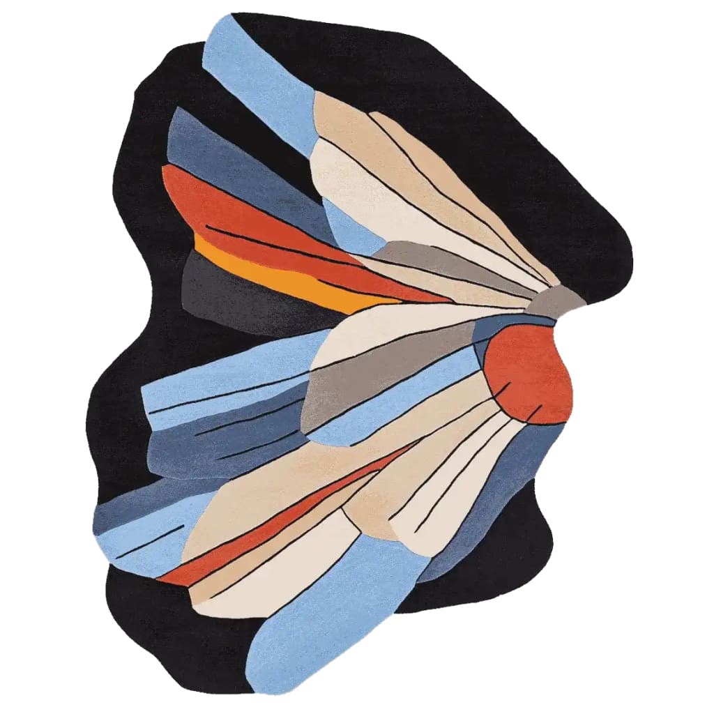 A striking Crystal Coded Hand Tufted Area Rug featuring an abstract design with bold colors like blue, orange, and beige. This contemporary rug is ideal for living room spaces, measuring approximately 8x10 feet. Made from premium wool, it offers a luxurious feel, making it a perfect living room area rug.