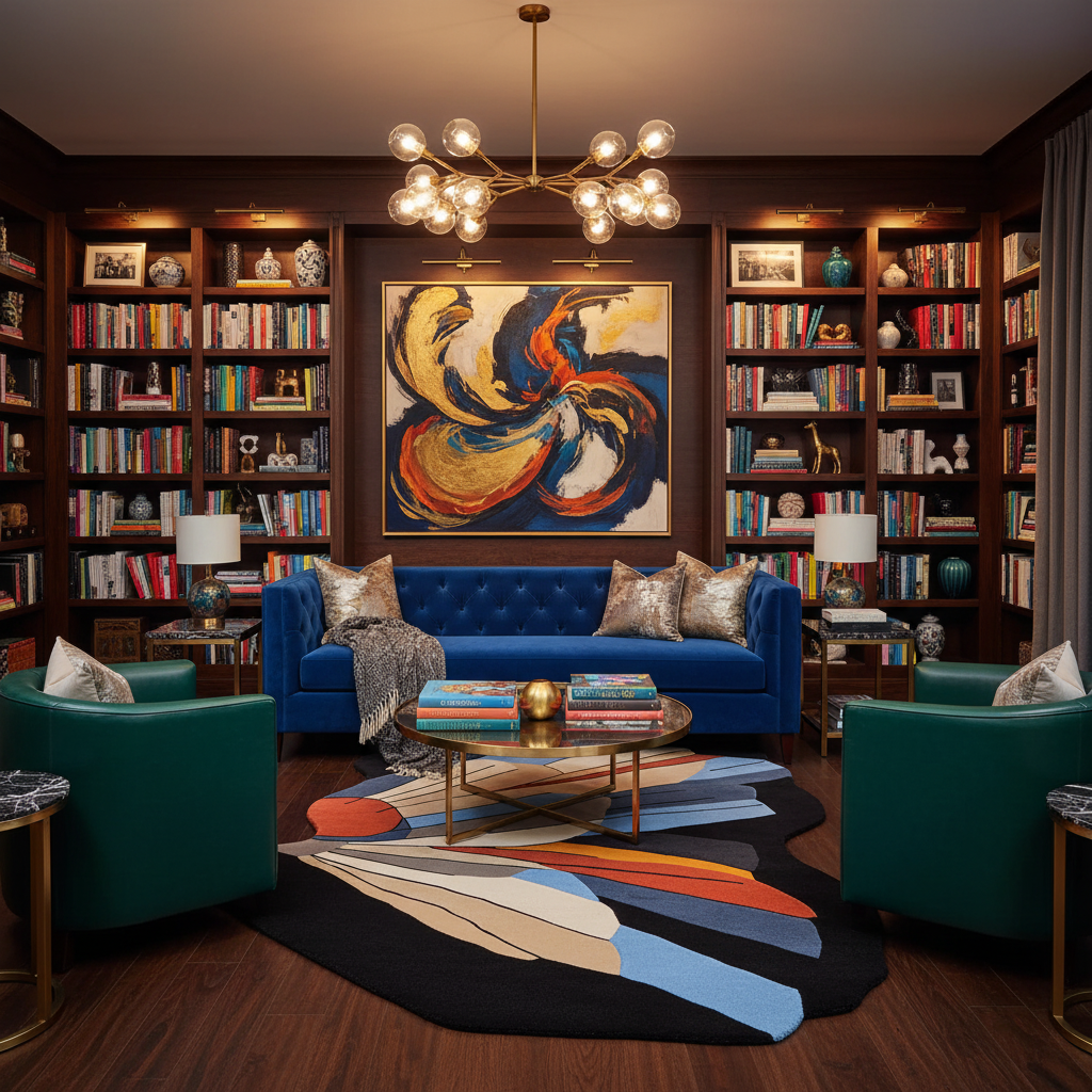 Living room with blue sofa, green armchairs, and colorful rug.
