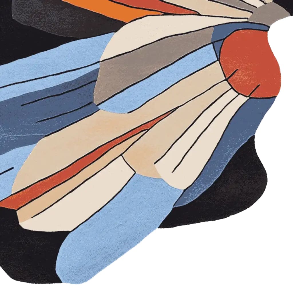 A vibrant abstract area rug showcasing a contemporary design with bold colors like blue, orange, and beige in a hand-tufted wool finish. Perfect for adding a modern touch to living room areas, this 8x10 rug features artistic, flowing patterns that create a dynamic focal point.