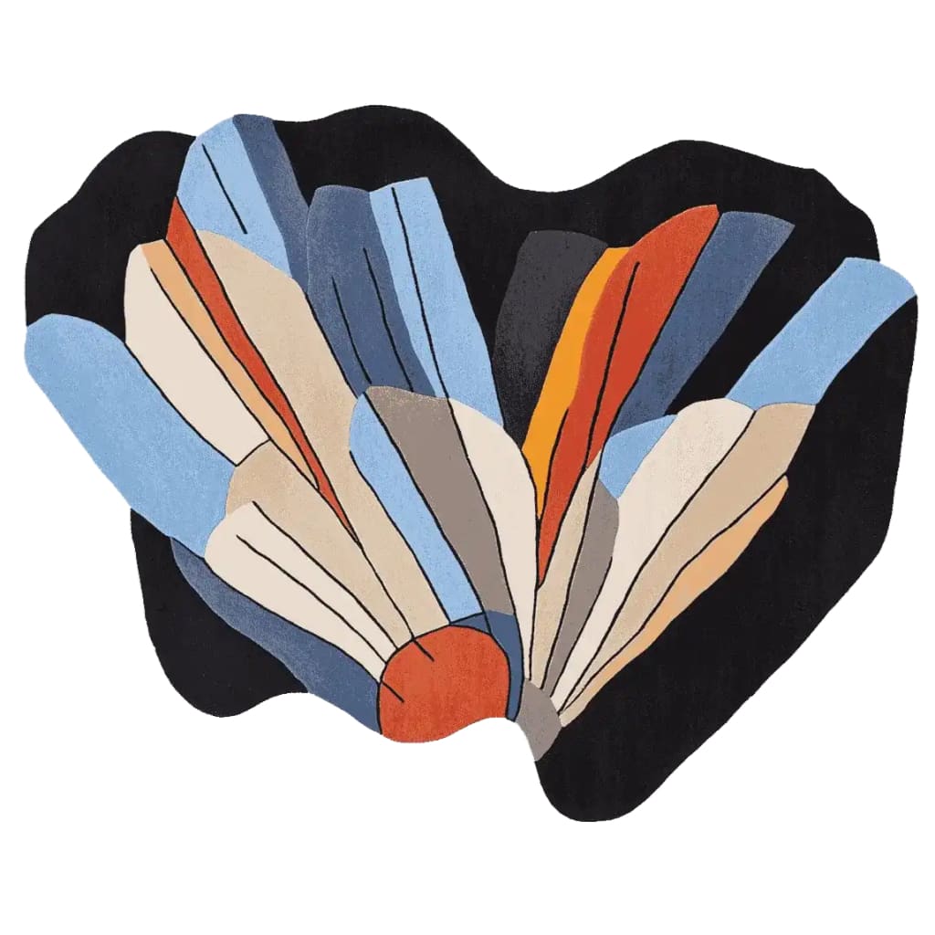 This vibrant area rug features an abstract design with bold colors like blue, orange, and beige on a black background, ideal for a contemporary living room. Perfectly sized as an 8x10 wool rug, this hand-tufted piece adds a modern touch to any living room area.