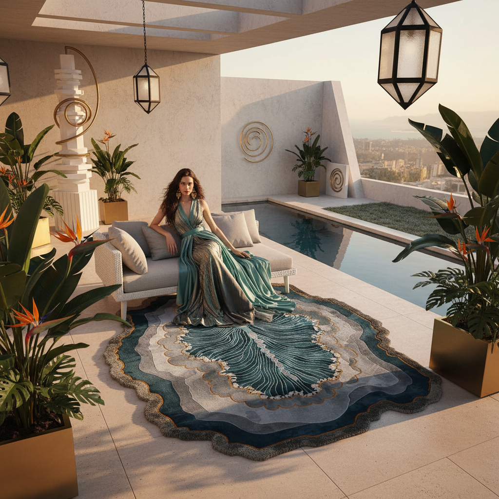 Woman in a green dress sitting on a modern outdoor sofa with a contemporary designer rug, by a pool with plants around.