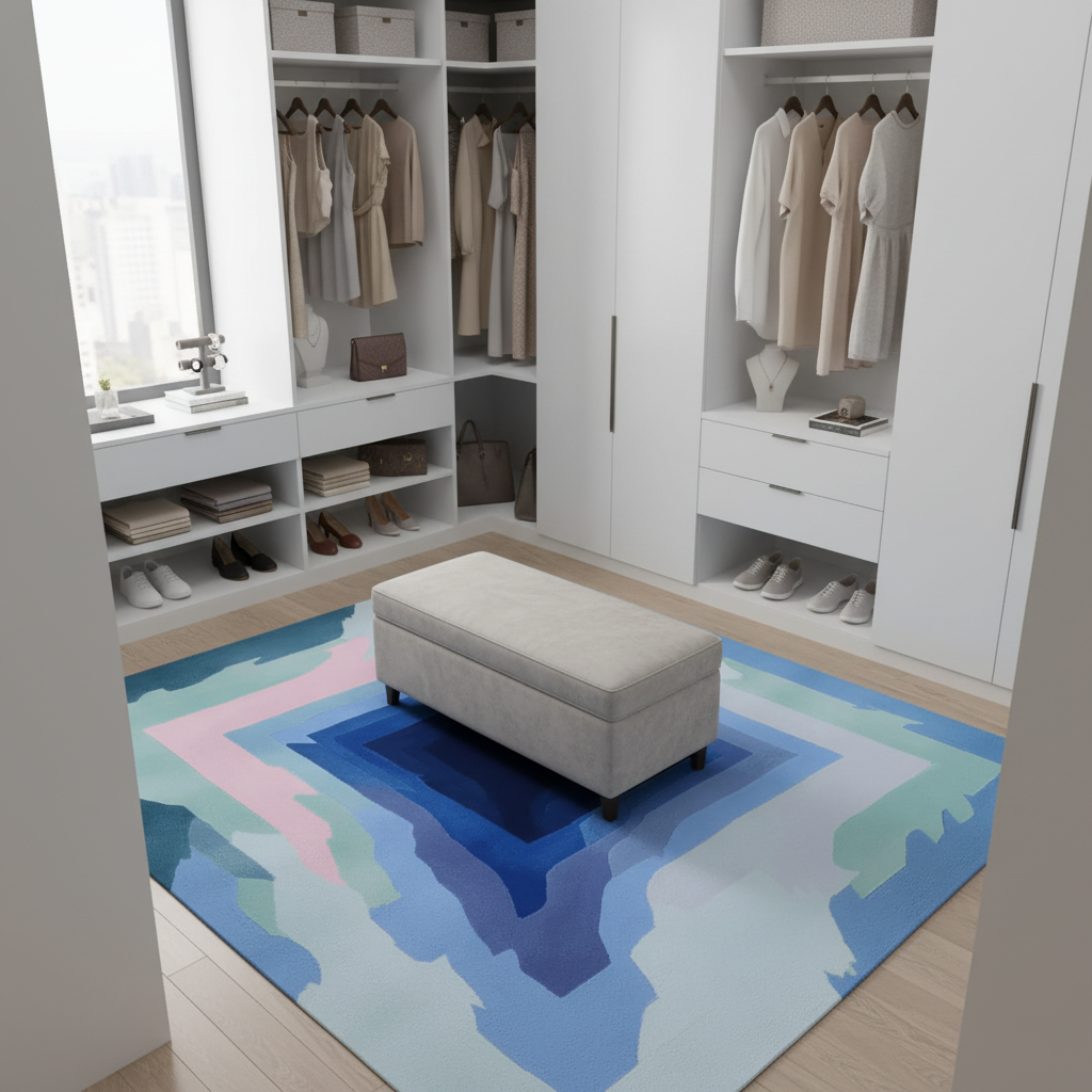 Modern walk-in closet with colorful rug and gray ottoman