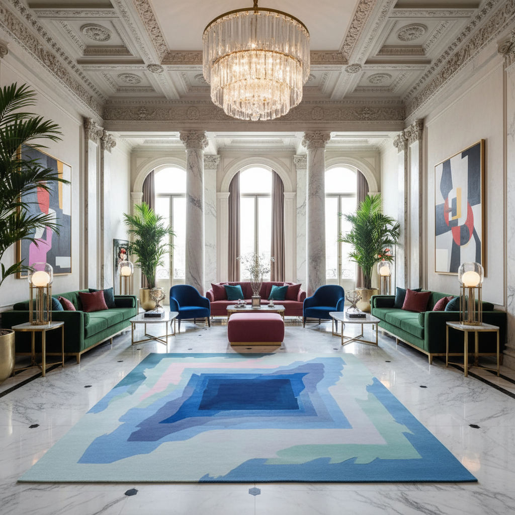 Luxurious interior with a chandelier, colorful rug, and modern furniture.
