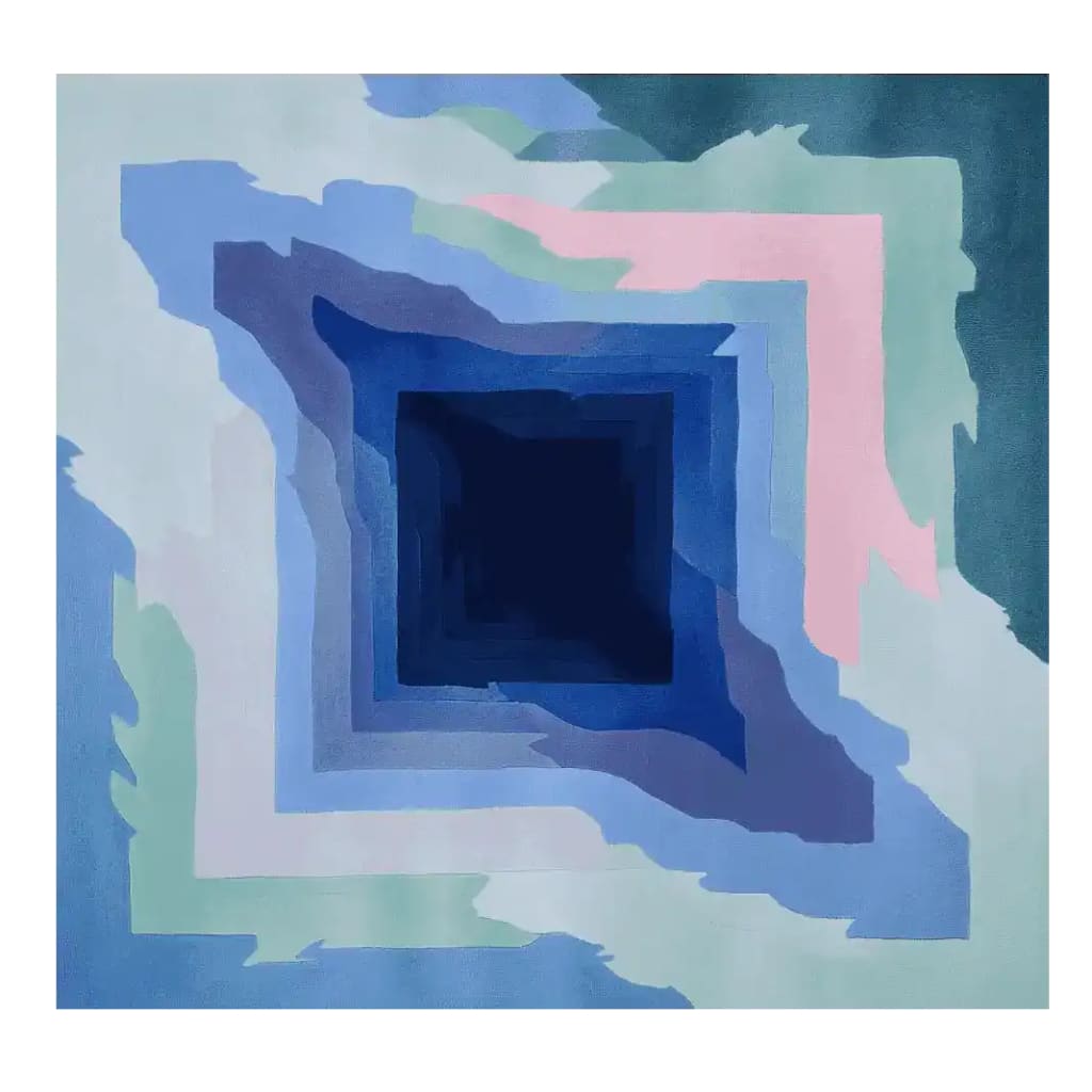 Top view of the Crystal Vortex Dream Hand Tufted Area Rug, featuring an abstract design with layers of blue, pink, and green tones. This contemporary square rug is perfect for large living rooms, adding a modern touch with its wool texture.