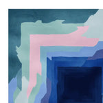 A contemporary hand-tufted area rug featuring an abstract design with layers of pink, blue, and green. This square area rug is ideal for large living rooms, adding a modern touch with its unique wool texture. Perfect as a stylish rug for any living room.