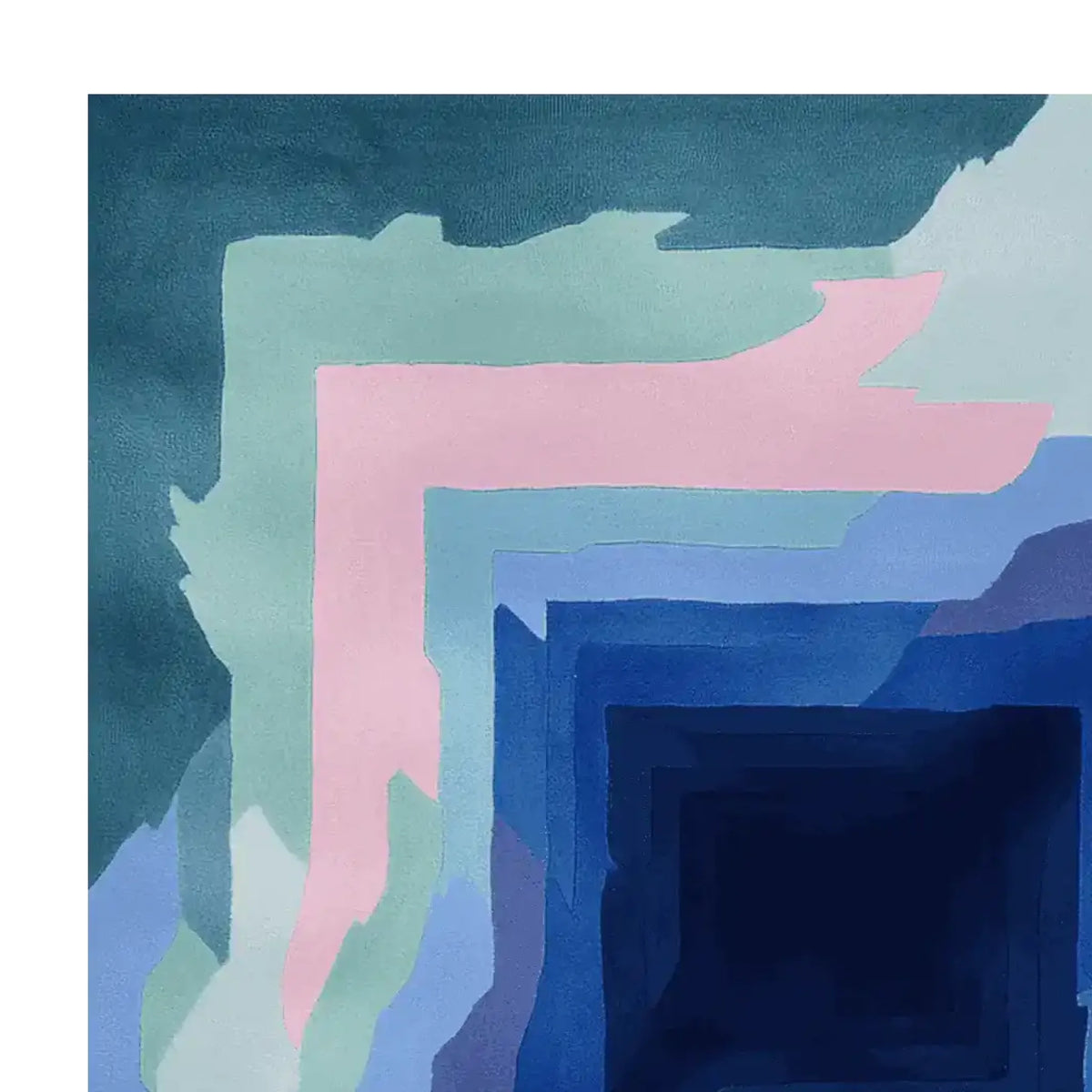 A contemporary hand-tufted area rug featuring an abstract design with layers of pink, blue, and green. This square area rug is ideal for large living rooms, adding a modern touch with its unique wool texture. Perfect as a stylish rug for any living room.