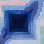 A stunning hand-tufted area rug with an abstract design featuring a vortex pattern in shades of blue, pink, and green. This square area rug is perfect for contemporary decor, making it an ideal choice for large living room spaces. Made from high-quality wool, this rug adds a modern touch to any room.