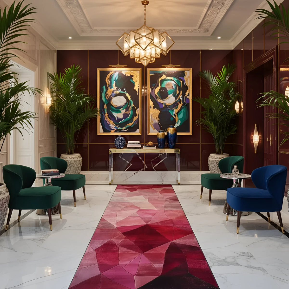 Luxurious interior with abstract art, colorful rug, and modern furniture.