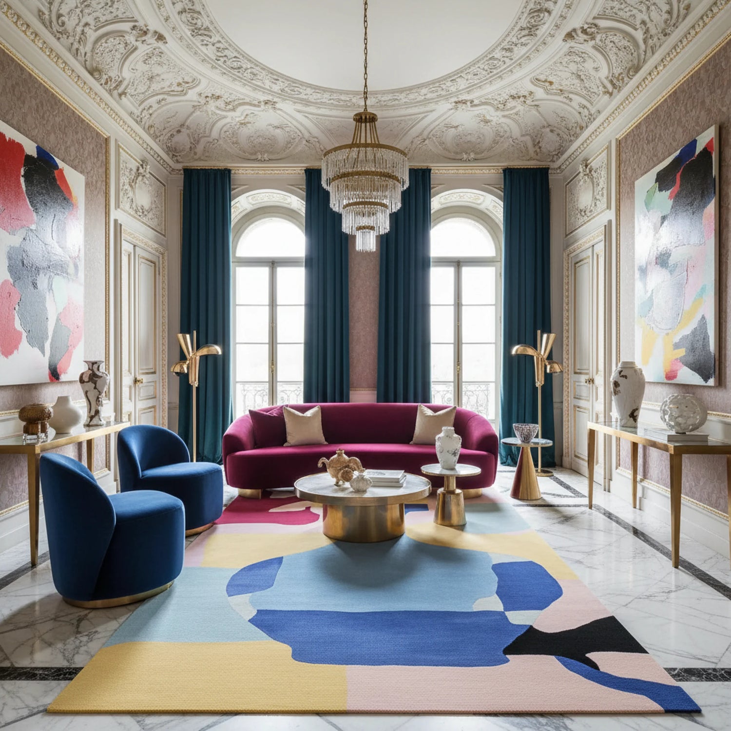 Luxurious living room with a colorful rug, vibrant sofa, and decorative elements.