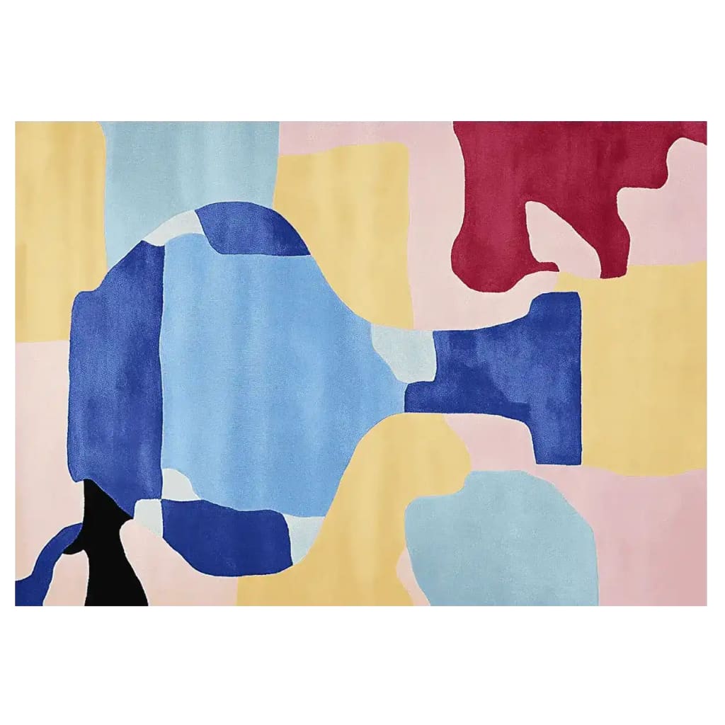 Vibrant Cubist Color Hand Tufted Area Rug featuring an abstract design with bold blocks of blue, yellow, red, and pink. This contemporary rug, crafted from high-quality wool, is perfect for adding a modern touch to your living room. Ideal for those seeking unique area rugs for living room decor.