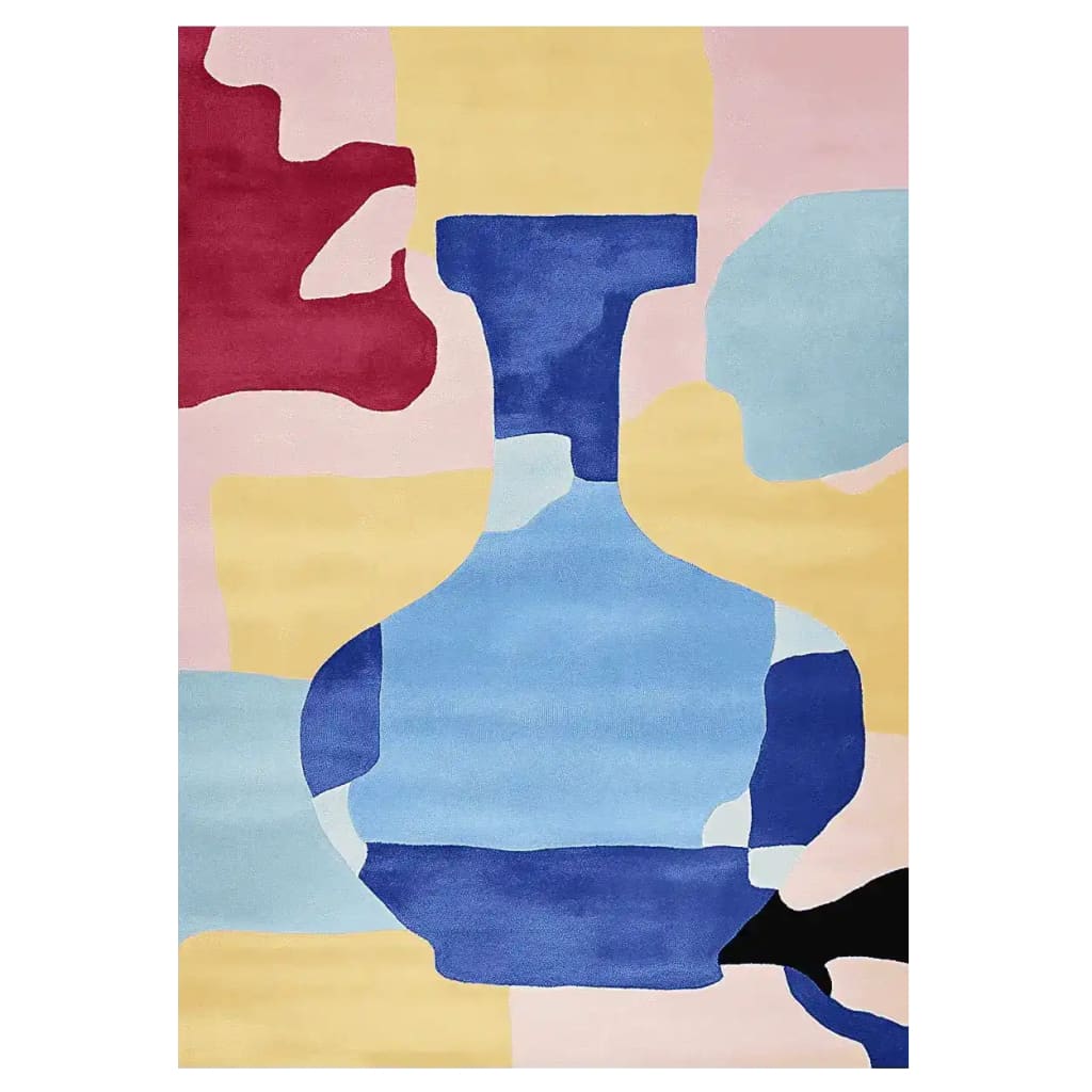 A vibrant Cubist Color Hand Tufted Rug showcasing an abstract design with bold colors including blue, red, yellow, and pastel shades. This contemporary wool area rug is perfect for adding a touch of modern art to your living room, making it an ideal choice for those seeking unique area rugs for living room spaces.