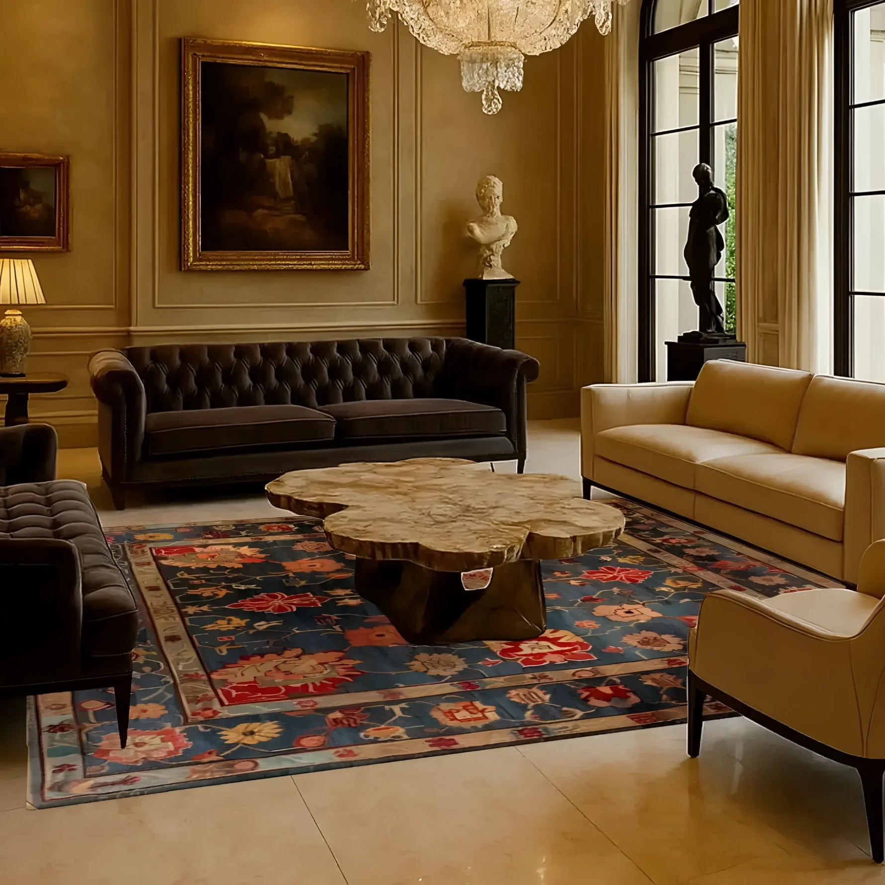 Elegant living room featuring a Cultural Blossom Legacy Hand Knotted Area Rug. This vintage square area rug, perfect for large living rooms, showcases a vibrant floral design, reminiscent of Persian rugs, under a unique wooden coffee table. The wool rug adds a touch of sophistication, ideal for both living and dining rooms.