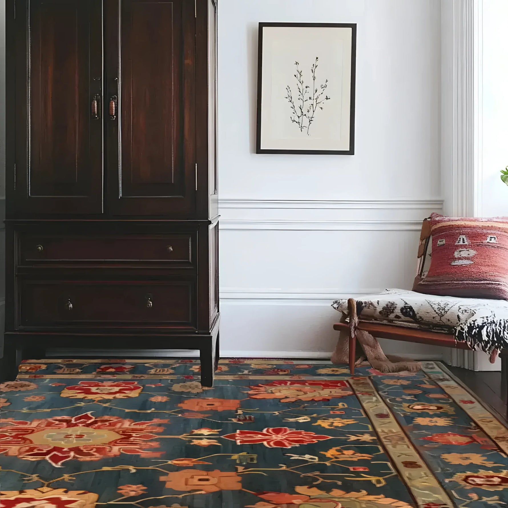 A beautifully designed Cultural Blossom Legacy Hand Knotted Area Rug graces a stylish living room space. This vintage square area rug features intricate floral patterns in rich hues, perfect for adding a touch of elegance to large living rooms or dining areas. The rug complements the classic wooden furniture and the neutral wall decor, creating a warm and inviting atmosphere.