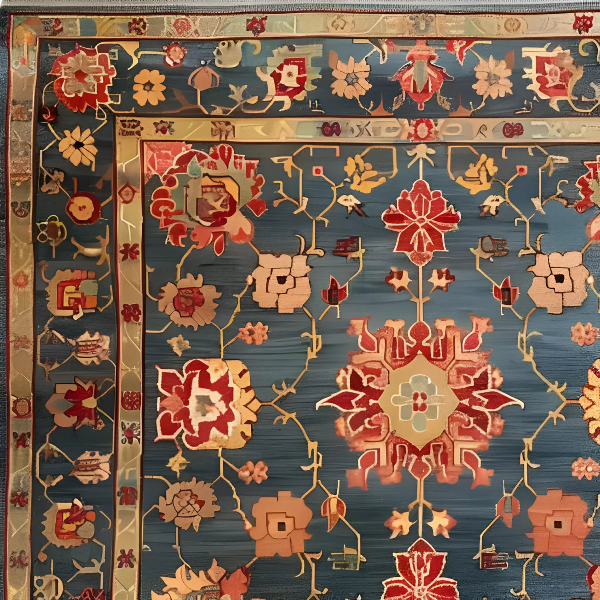 This intricately designed Cultural Blossom Legacy Hand Knotted Area Rug features a stunning floral pattern in vibrant red, blue, and gold hues. Perfect for adding a touch of vintage charm to your living room or dining room, this square area rug exemplifies the elegance of Persian rugs. Crafted from high-quality wool, it's an ideal choice for large living room rugs or as a dining table rug, offering both beauty and durability.