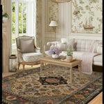 Elegant living room featuring a Cultural Legacy Hand Tufted Area Rug with intricate patterns in a cozy setting. This wool rug complements the classic decor, perfect for both living room and dining room spaces. The large area rug enhances the room's aesthetics with its timeless design, making it ideal for a warm and inviting dining room or as a striking centerpiece among large area rugs for living rooms.