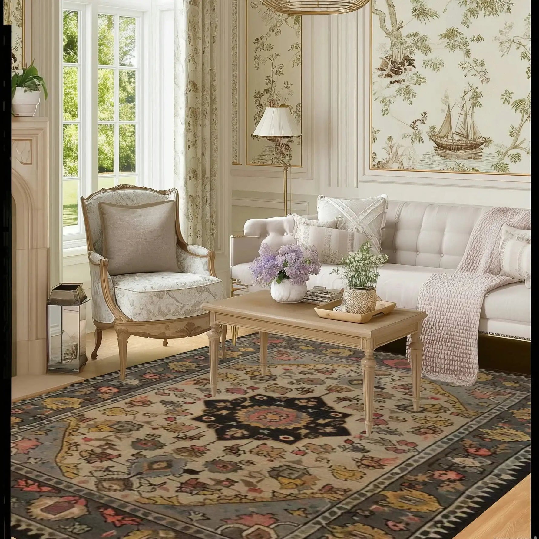 Elegant living room featuring a Cultural Legacy Hand Tufted Area Rug with intricate patterns in a cozy setting. This wool rug complements the classic decor, perfect for both living room and dining room spaces. The large area rug enhances the room's aesthetics with its timeless design, making it ideal for a warm and inviting dining room or as a striking centerpiece among large area rugs for living rooms.