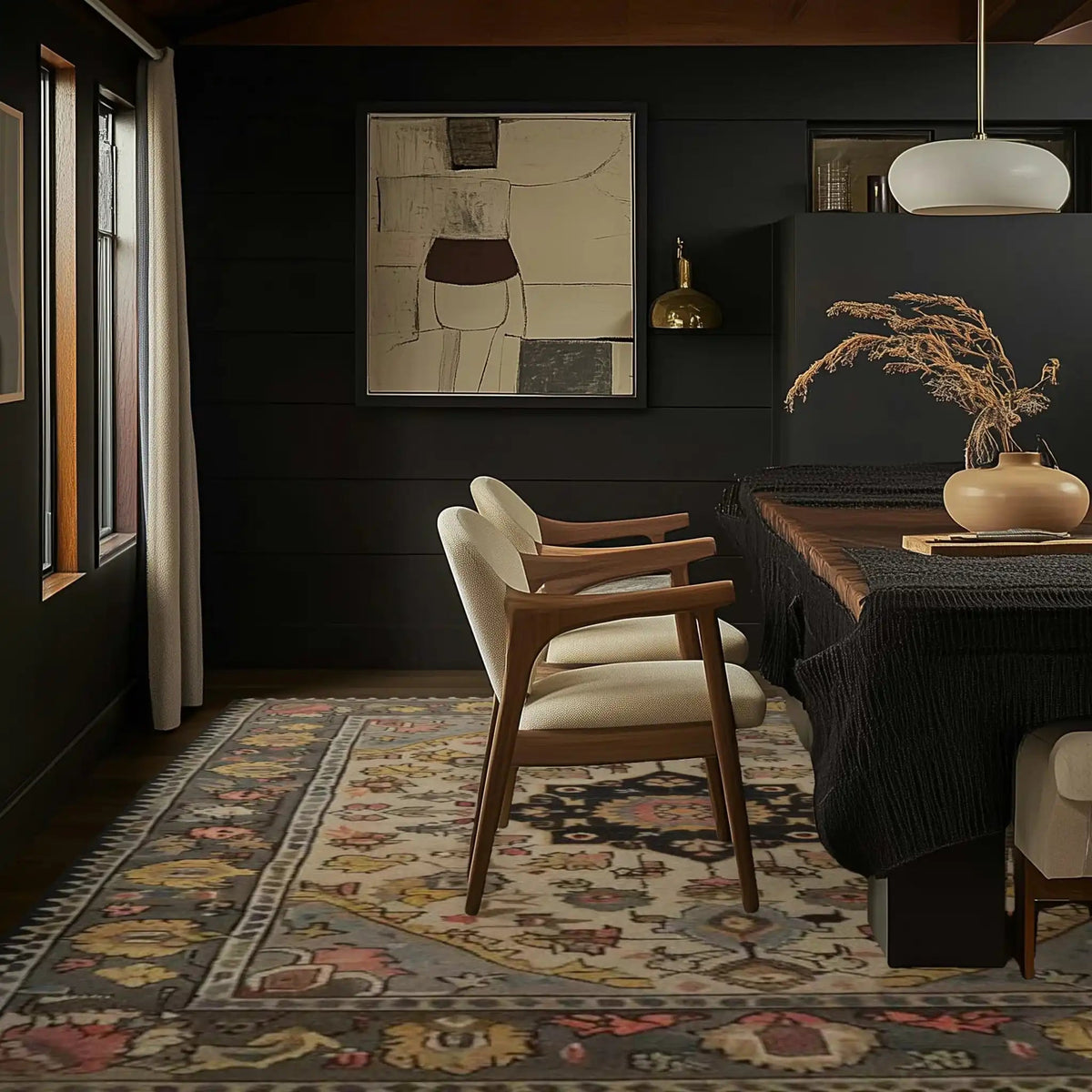 A beautifully styled dining room featuring a large area rug with intricate patterns. This wool rug is perfect for adding warmth and elegance to your living room or dining room. The elegant design complements the chic decor, making it an ideal choice for large area rugs for living room spaces.