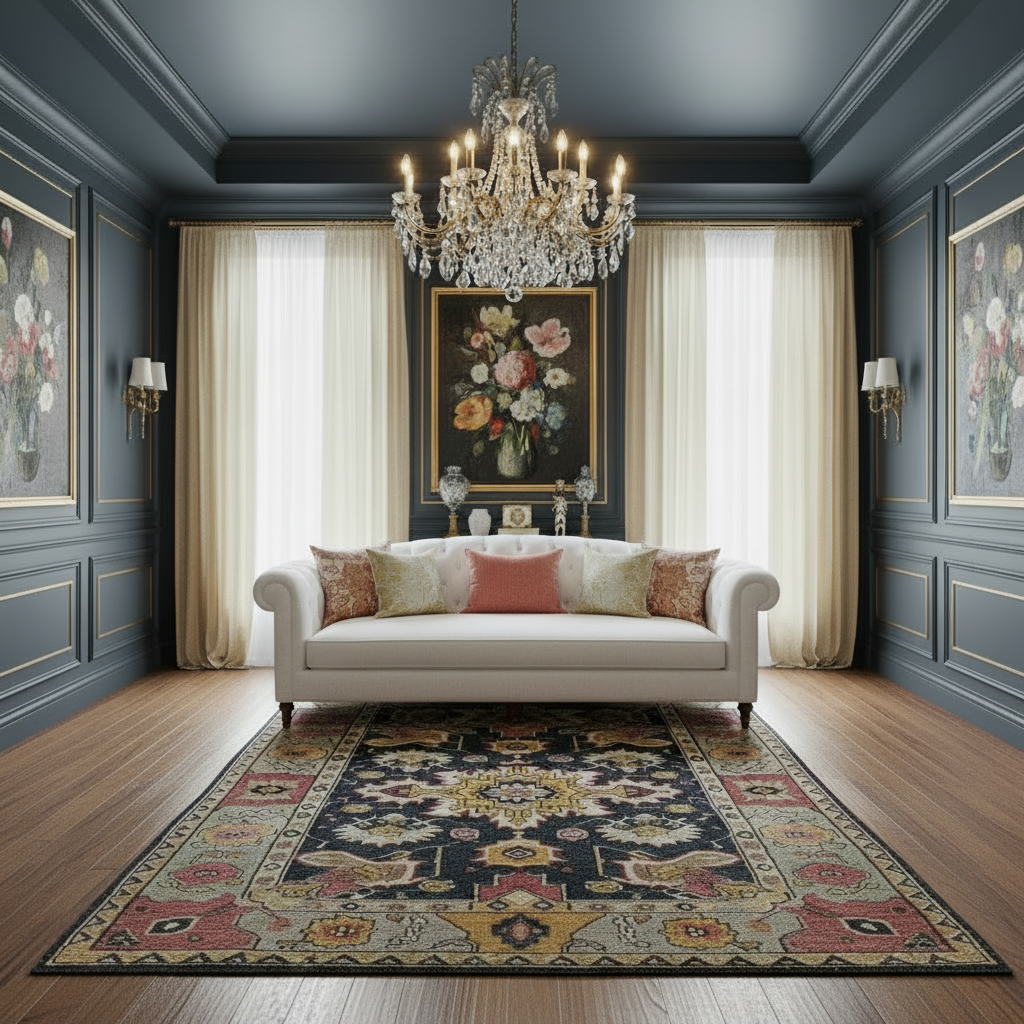Luxurious living room with a chandelier, sofa, and decorative rug.