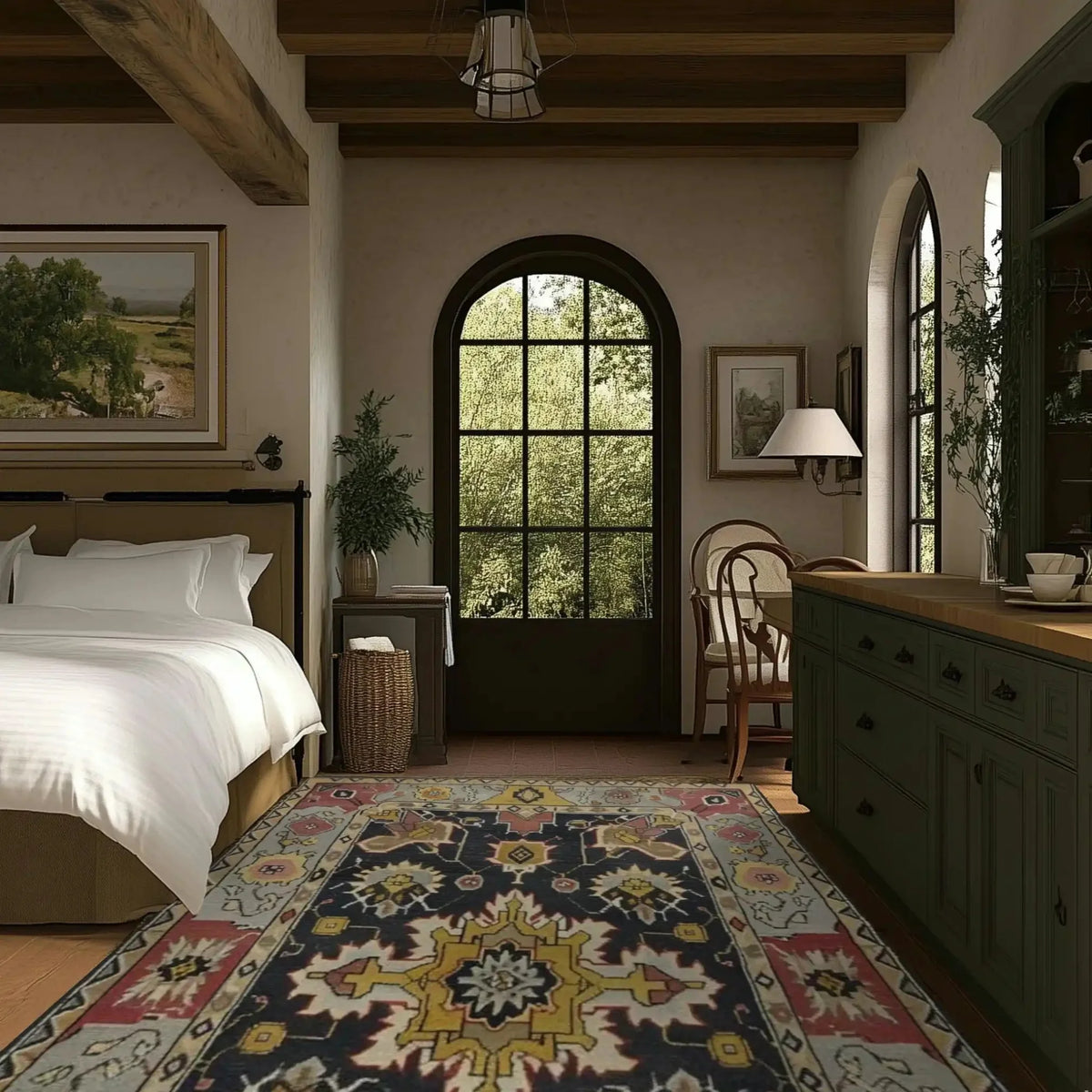 A cozy bedroom featuring a Cultural Threads Hand Tufted Area Rug with an intricate pattern, perfect for enhancing a living room or dining room. This wool rug adds warmth and style beneath a dining table, complementing the rustic decor and large window view.