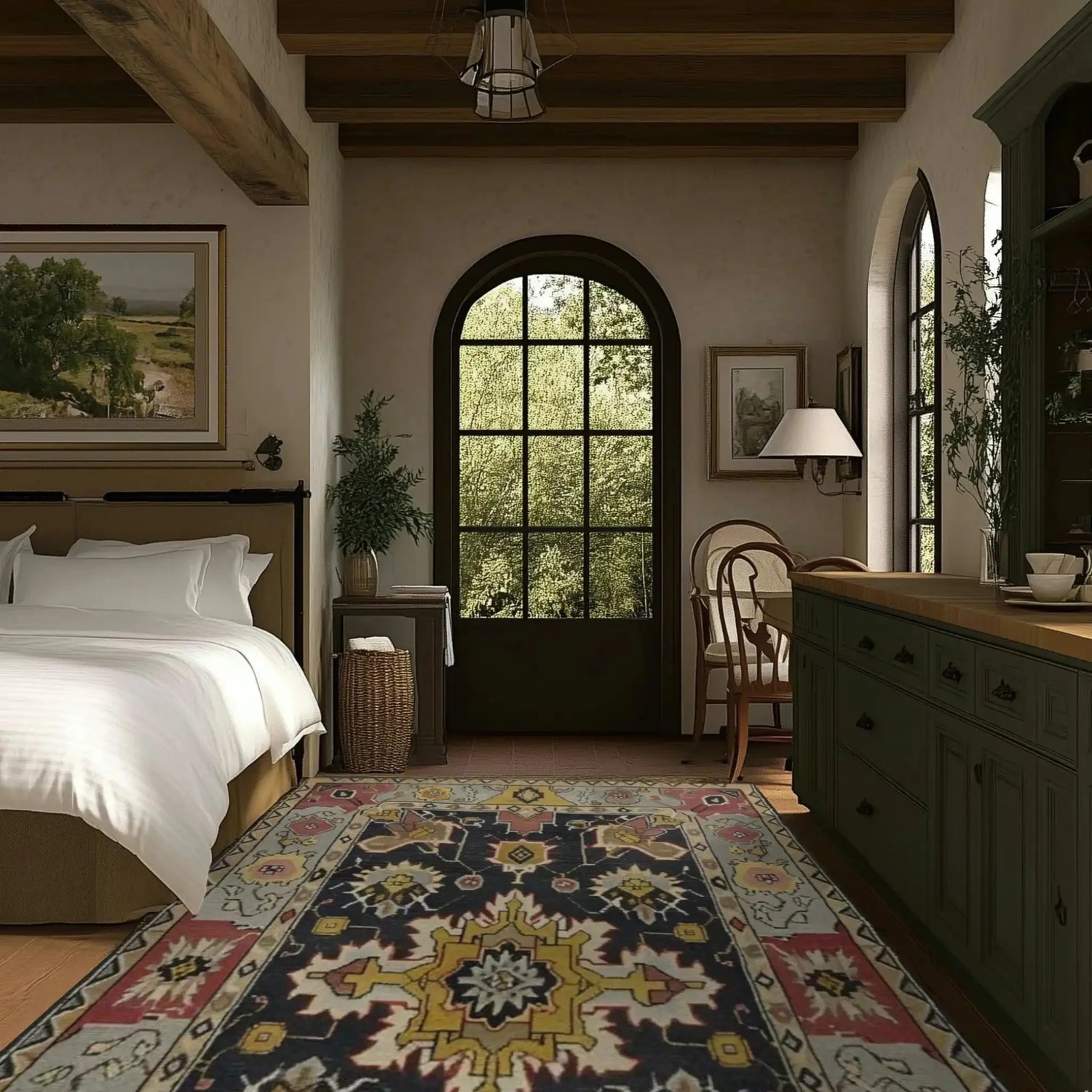 A cozy bedroom featuring a Cultural Threads Hand Tufted Area Rug with an intricate pattern, perfect for enhancing a living room or dining room. This wool rug adds warmth and style beneath a dining table, complementing the rustic decor and large window view.