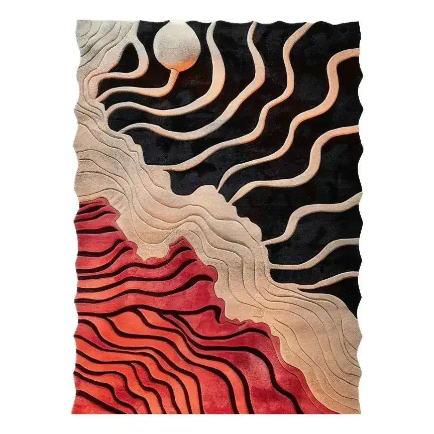 Stylish area rug with a modern, curved line design in contrasting black, cream, and red hues, perfect for enhancing dining room carpets or adding flair to your living room decor. This hand-tufted wool rug features an abstract, wavy pattern that adds texture and interest to any dining room area rug setting.