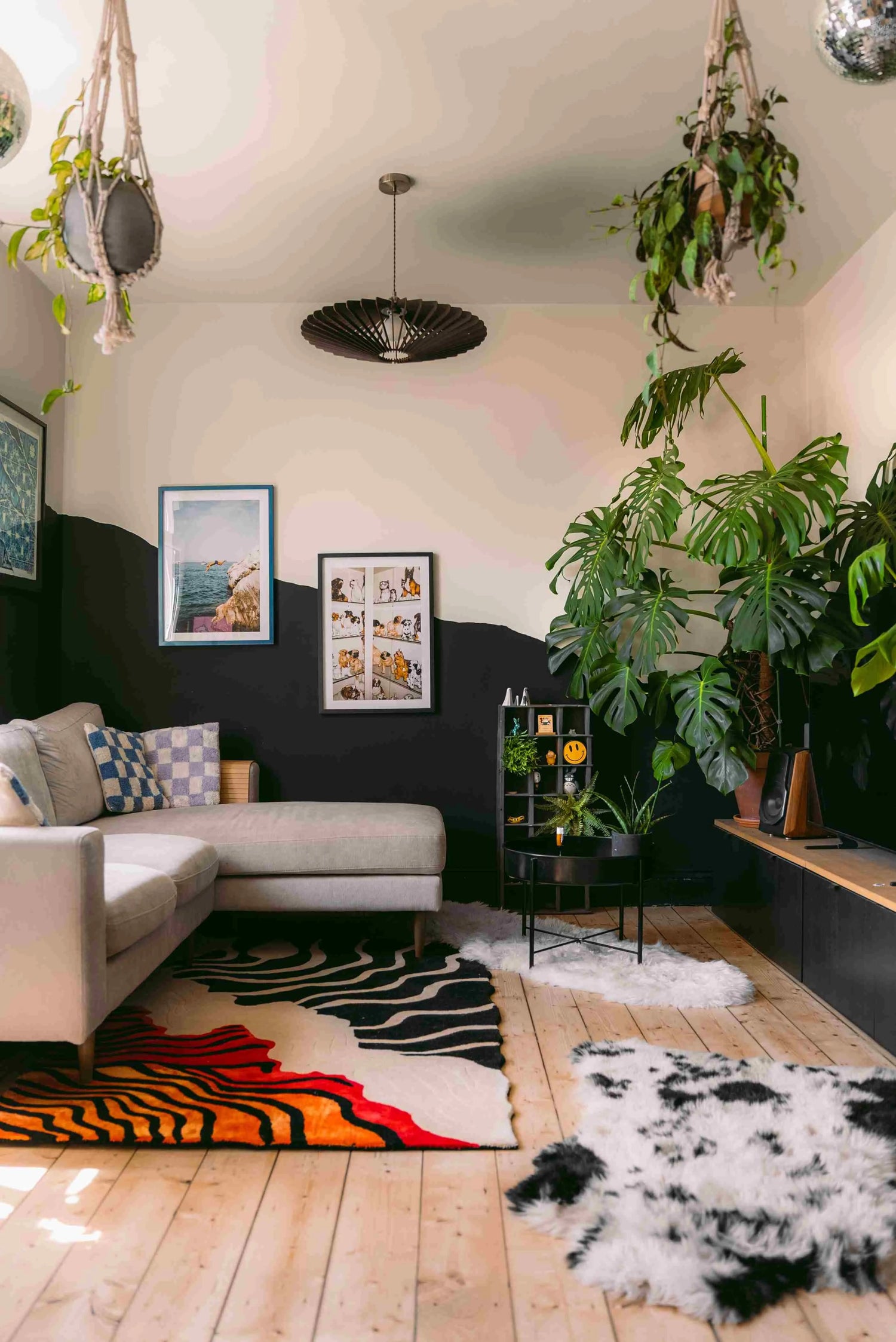 Cozy living room featuring a contemporary area rug with bold curved lines and vibrant colors. The hand-tufted wool rug adds a modern touch to the wooden floor, complemented by a stylish sofa and lush green plants, perfect for any living room setting.