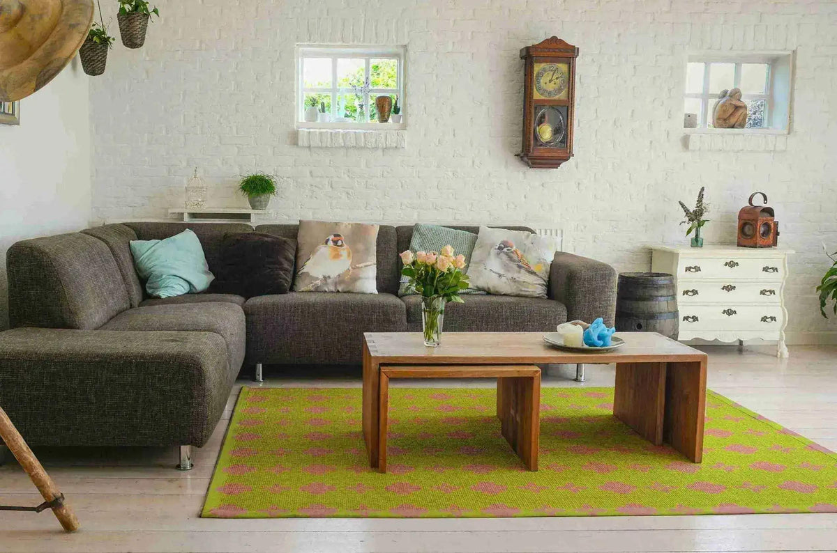 Area rug in vibrant cyber lime color with clover star pattern, enhancing a cozy living room space with wool texture. Ideal for large area rugs and rugs for living room setups.