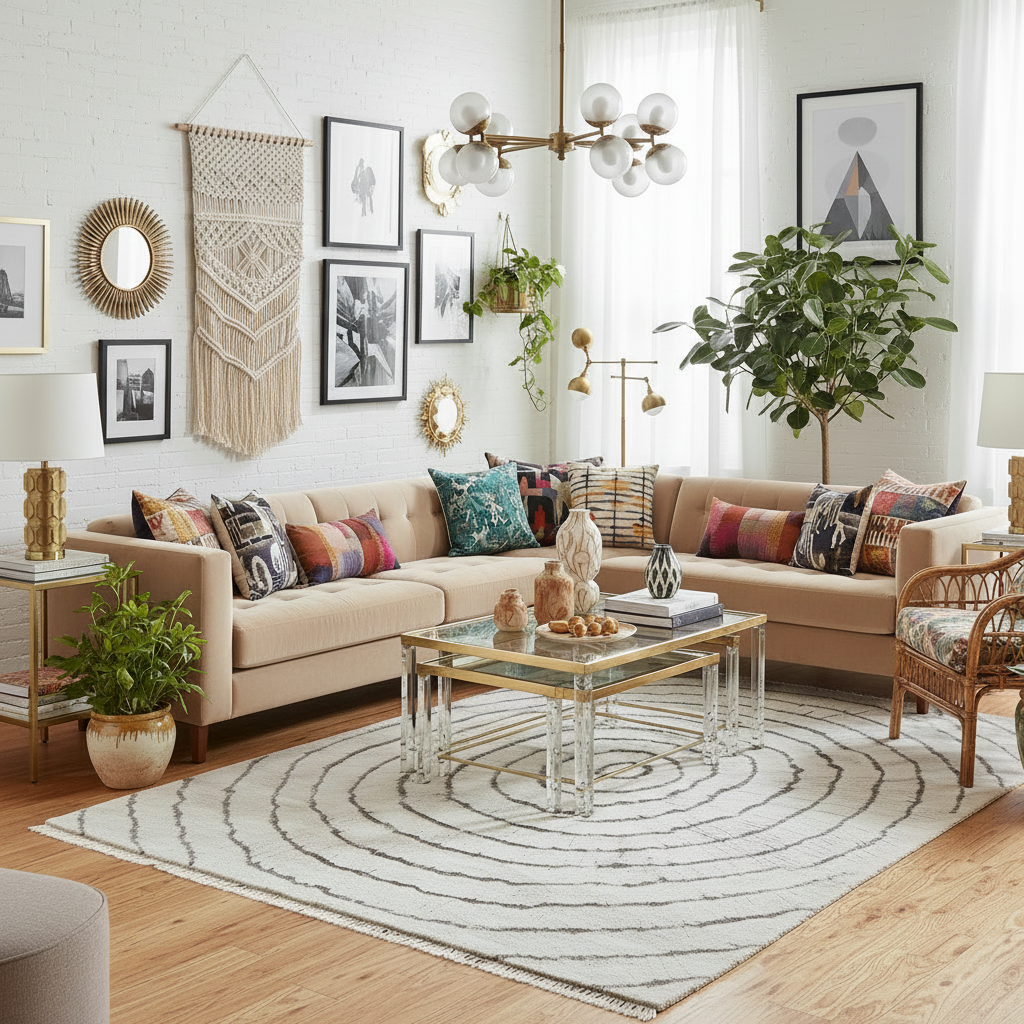Living room with beige sectional sofa, colorful pillows, and decorative elements.
