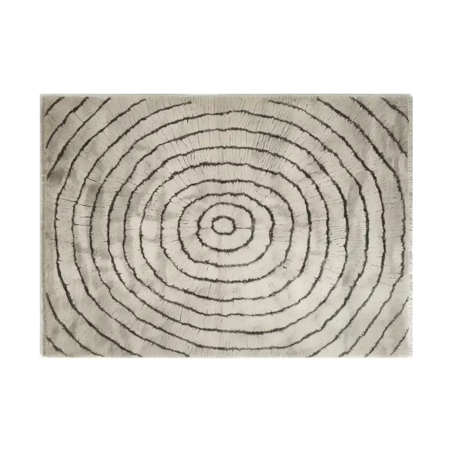 Top view of the Cyclic Whisper Knotted Wool Area Rug showcasing a concentric circular pattern in neutral tones, perfect for adding an elegant touch to any room.