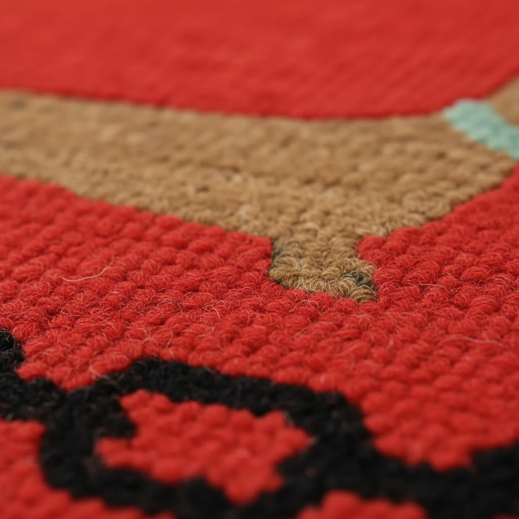 Close-up of a textured red and brown rug with geometric patterns.
