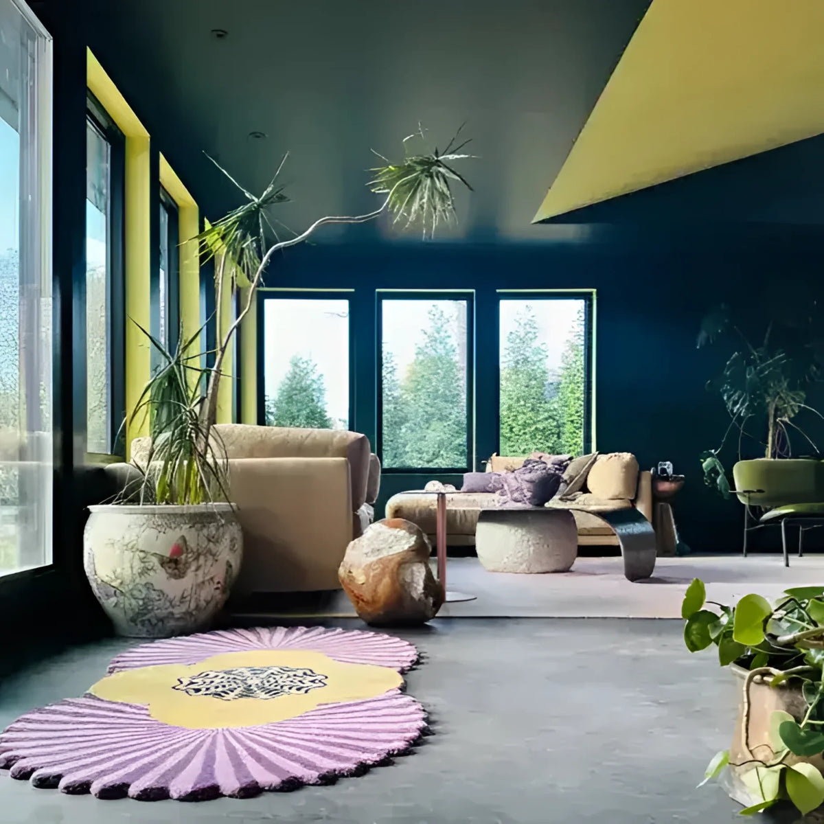 A vibrant living room featuring the Daisy Pleated Hand Tufted Wool Rug Runner in purple. This area rug adds a contemporary touch to the space, perfect for living room or hallway use. The cozy wool texture complements the room's modern decor with large windows and stylish furniture.