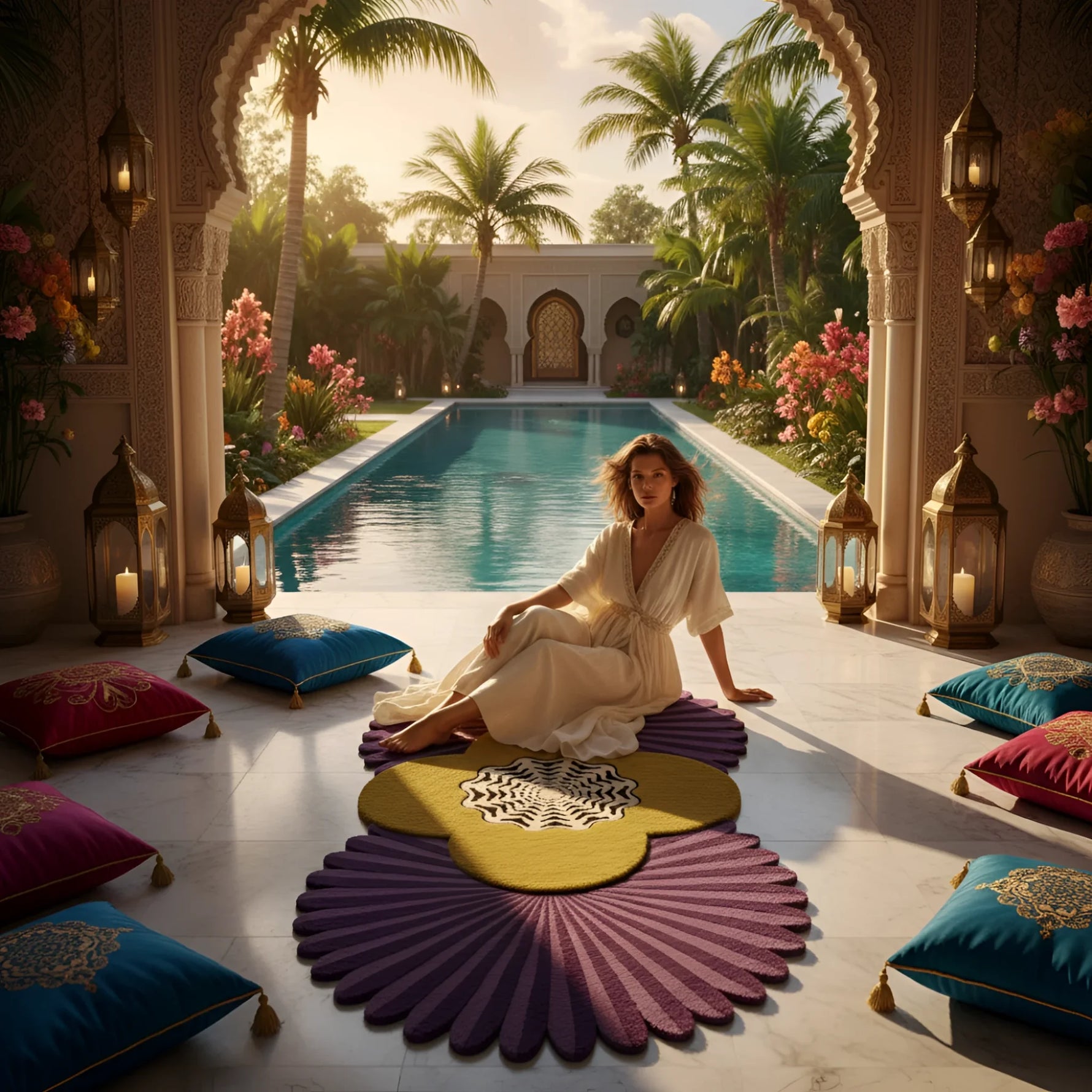 Woman sitting on a colorful rug by a pool with palm trees and lanterns in the background