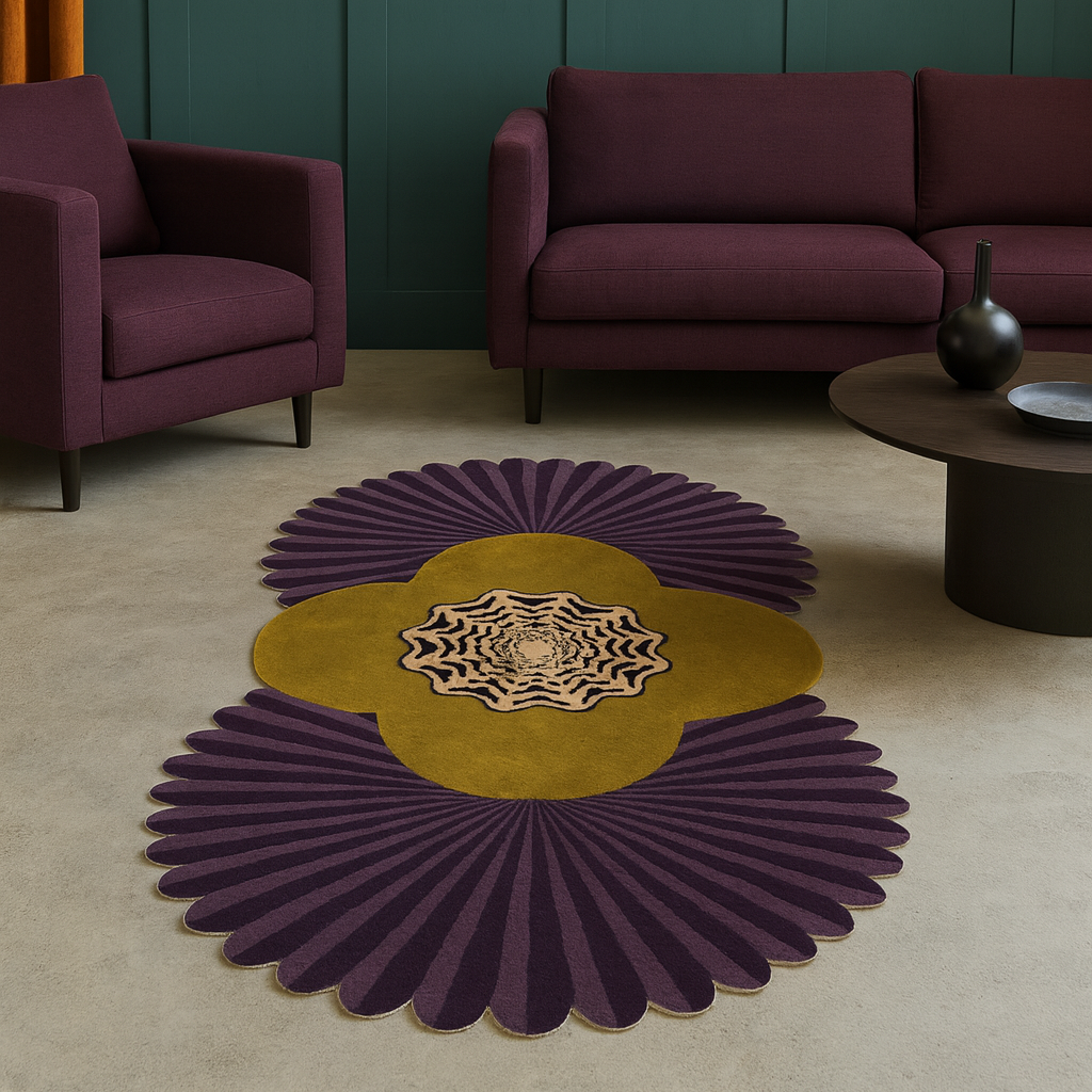 Daisy Pleated Purple wool rug in living room, circular sunburst form with gold center medallion, plum velvet sofas behind