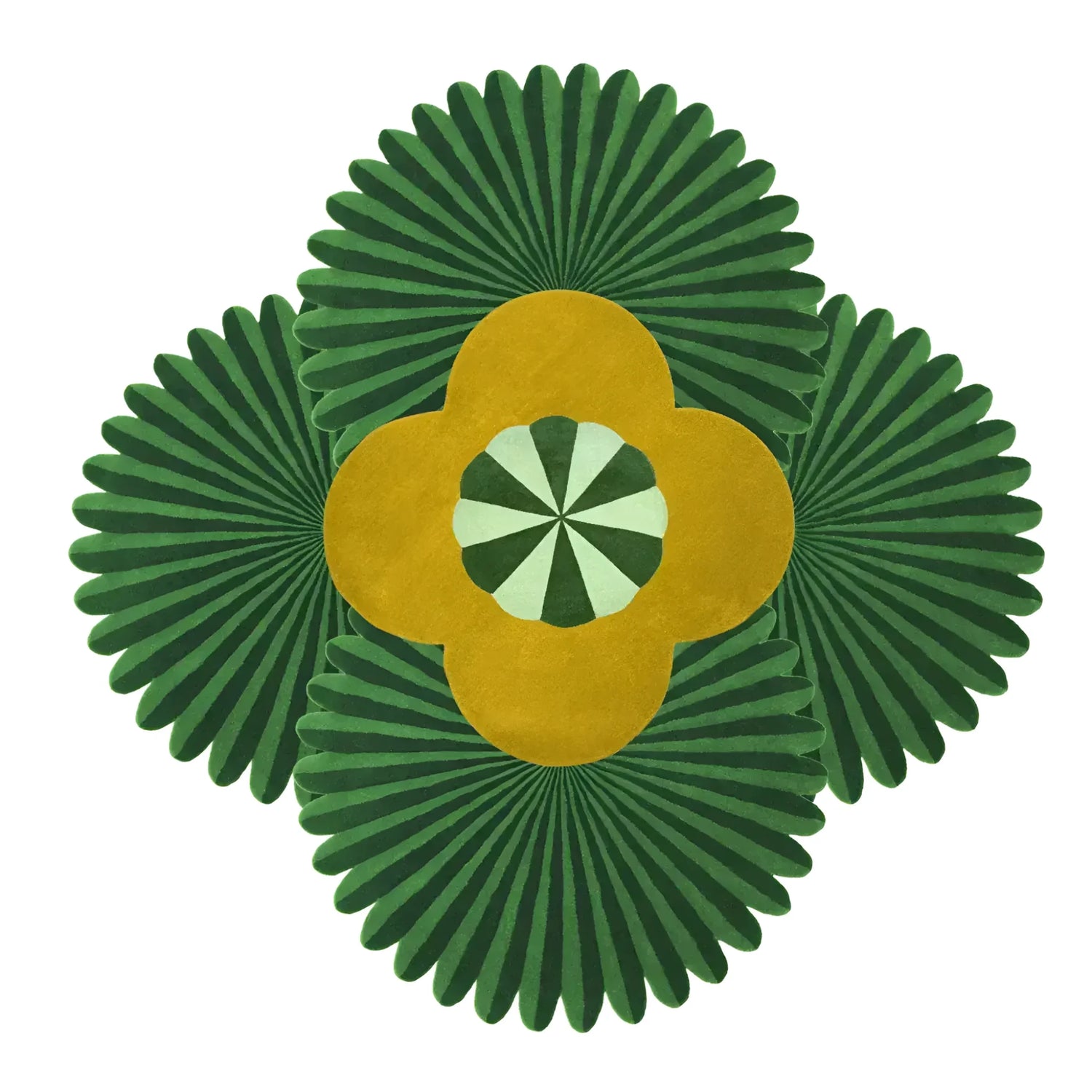 A unique Daisy within Daisy Pleated Hand Tufted Wool Rug, ideal for large area rugs in the bedroom. This round rug features an intricate design with green and yellow hues, perfect as a wool rug to enhance your bedroom decor.