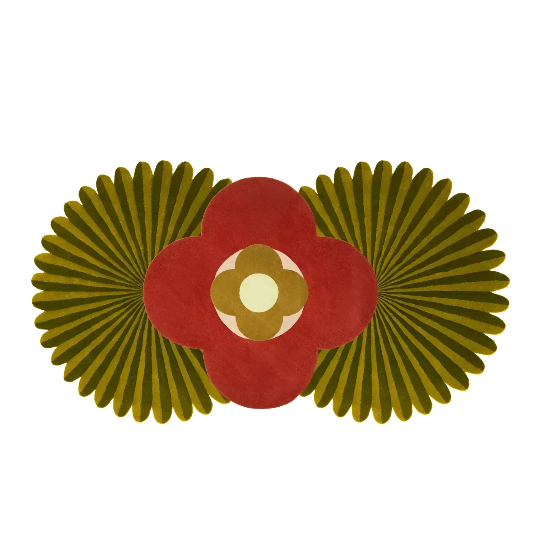 A vibrant and artistic hand-tufted wool area rug featuring a unique daisy within daisy pattern. This kitchen runner rug showcases bold colors with a central floral design, perfect for adding a touch of elegance to large living rooms, hallways, or as a bathroom runner rug. The intricate pleated details highlight its luxurious texture, making it an ideal choice for enhancing any living room area.