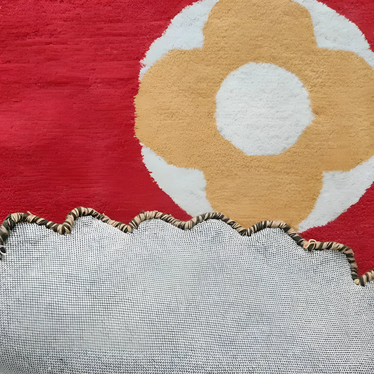 Close-up of the Daisy within Daisy Pleated Hand Tufted Wool Rug Runner, showcasing vibrant colors with orange and white floral patterns on a red background. Perfect as a living room area rug, hallway runner, or kitchen runner rug, this wool rug adds a touch of elegance and warmth to any space.