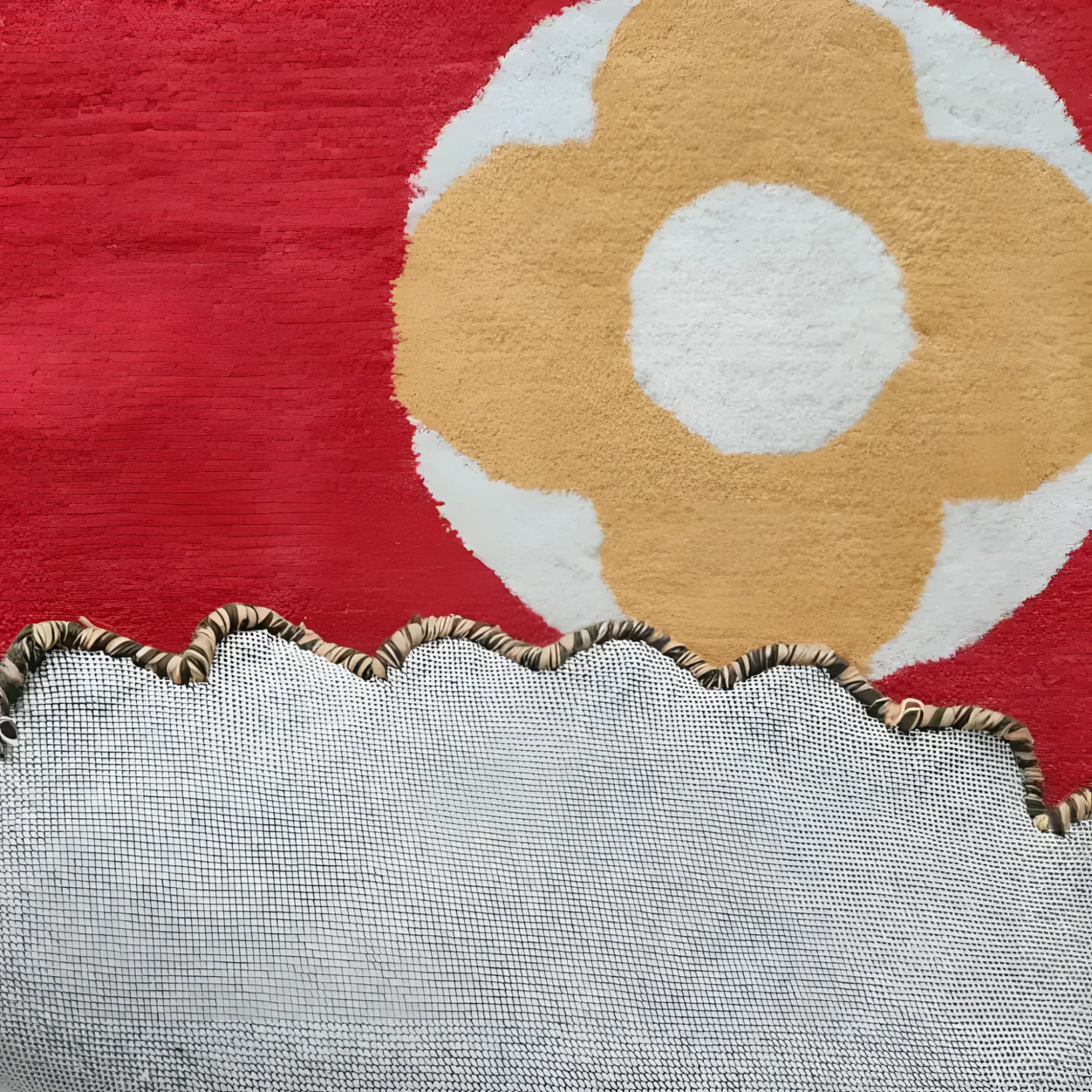 Close-up of the Daisy within Daisy Pleated Hand Tufted Wool Rug Runner, showcasing vibrant colors with orange and white floral patterns on a red background. Perfect as a living room area rug, hallway runner, or kitchen runner rug, this wool rug adds a touch of elegance and warmth to any space.