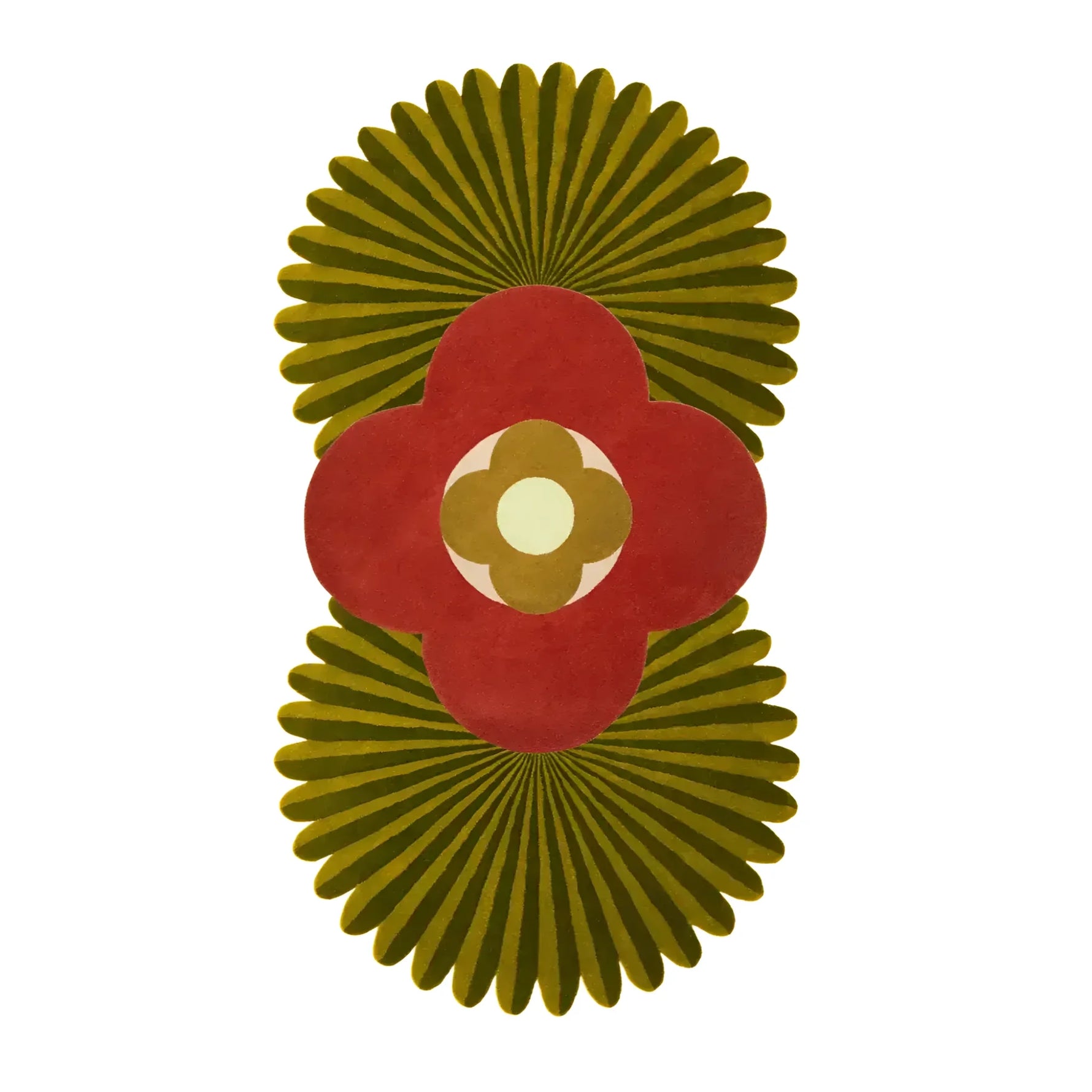 The Daisy within Daisy Pleated Hand Tufted Wool Rug Runner features a striking floral design with bold red and green hues. This unique area rug is perfect for adding a vibrant touch to kitchen runner rugs, large living room rugs, or as a hallway runner rug. Made from high-quality wool, it's a stylish and durable choice for living room area rugs or even a bathroom runner rug.