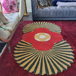 Stylish Daisy within Daisy Pleated Hand Tufted Wool Rug Runner in a modern living room setting. This eye-catching area rug features a vibrant red floral design, perfect for adding charm to your living room or as a unique kitchen runner rug. The wool rug's intricate patterns make it suitable for large living room areas or as a hallway runner rug, enhancing any space with its bold colors.