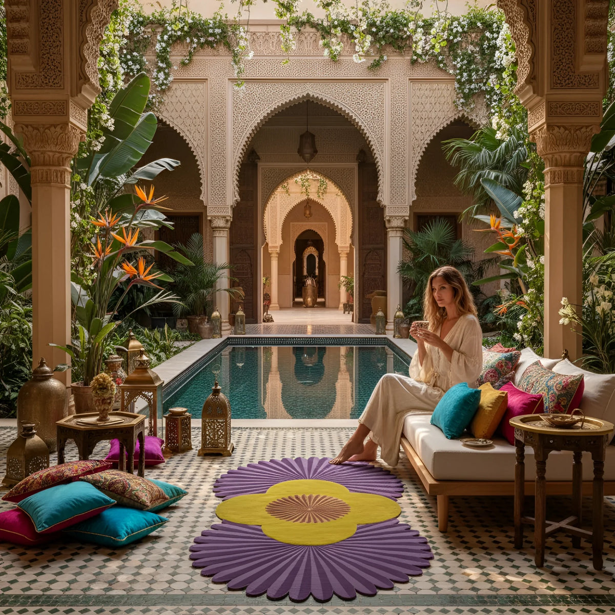 Woman sitting on a couch by a pool with decorative rug and elements.