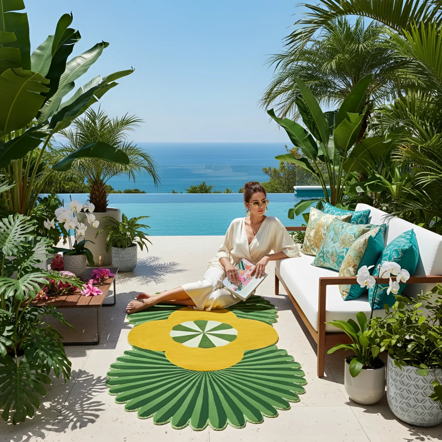Woman sitting on a patio with ocean view, surrounded by plants and a colorful rug.