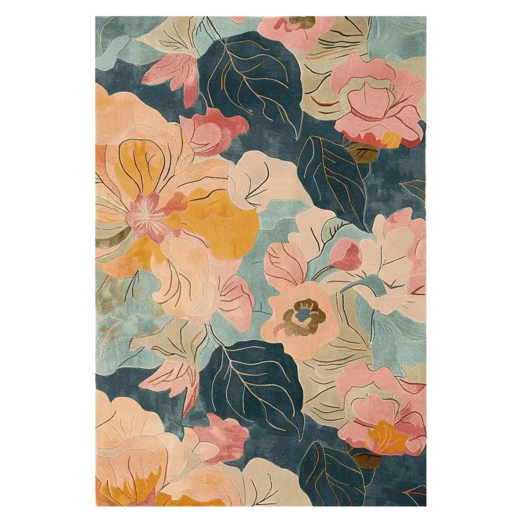 Vibrant Dance of Petals Hand Tufted Area Rug showcasing a lush floral design in pink, orange, and blue tones, perfect for enhancing large living room spaces. This wool rug provides a soft, luxurious texture, making it an ideal choice for rugs in living rooms seeking a touch of elegance.