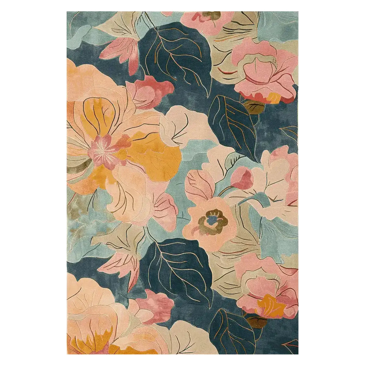 Vibrant Dance of Petals Hand Tufted Area Rug showcasing a lush floral design in pink, orange, and blue tones, perfect for enhancing large living room spaces. This wool rug provides a soft, luxurious texture, making it an ideal choice for rugs in living rooms seeking a touch of elegance.