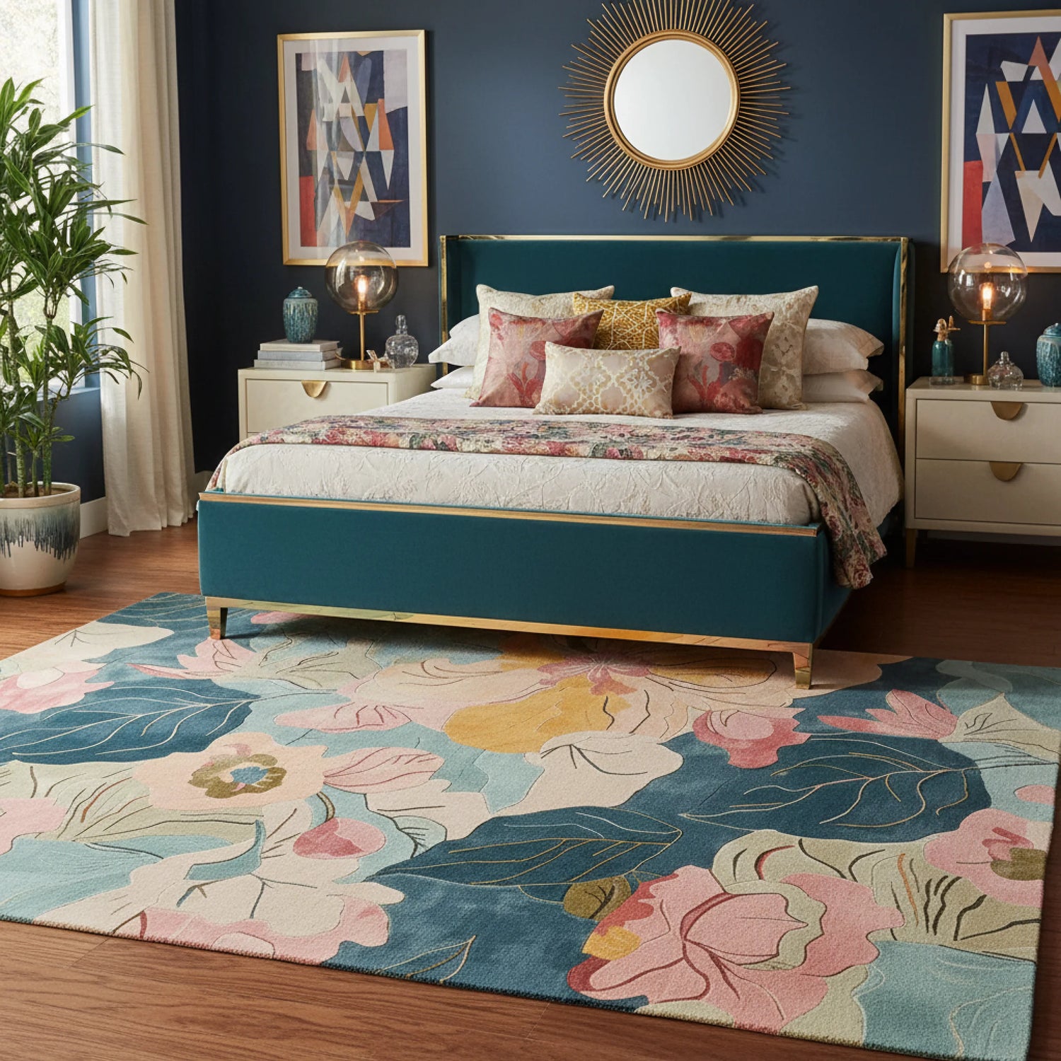 Decorative bedroom with floral rug, teal bed, and abstract art on a dark blue wall.